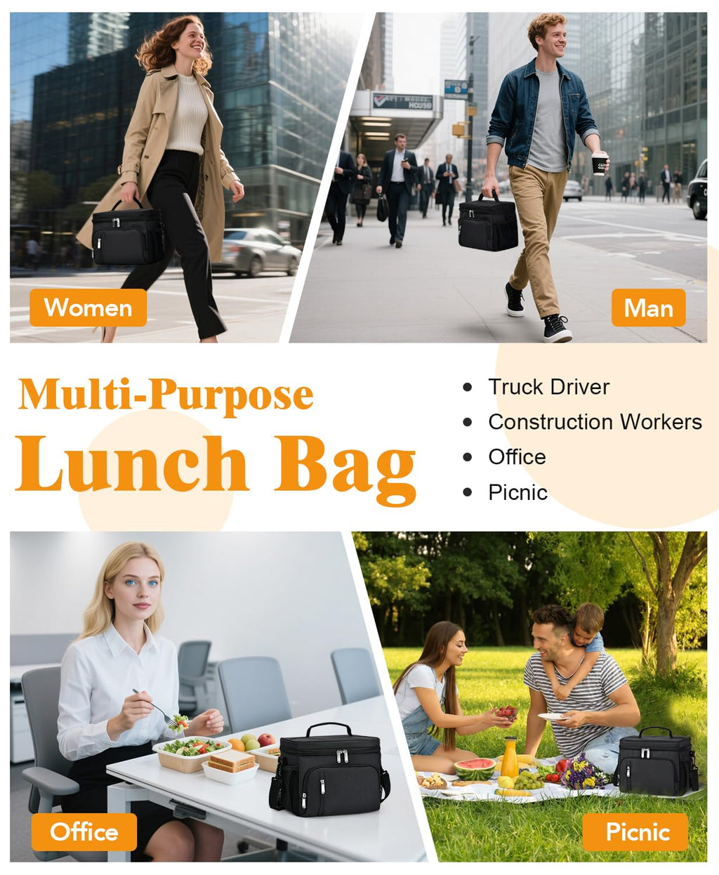 MIAOJIE Insulated Lunch Bag for Men & Women, 9L Leakproof Lunch Box Soft Cooler Tote with 5 Pockets, 600D Oxford, EVA Lining, Adjustable Strap for Work, Picnic, Beach&Travel-Black