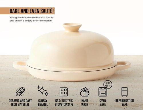 Kook Bread Oven, with Lid and Handles, Enameled Cast Iron Pan and Ceramic Lid, For Baking, Cooking, Roasting and more (Ivory)