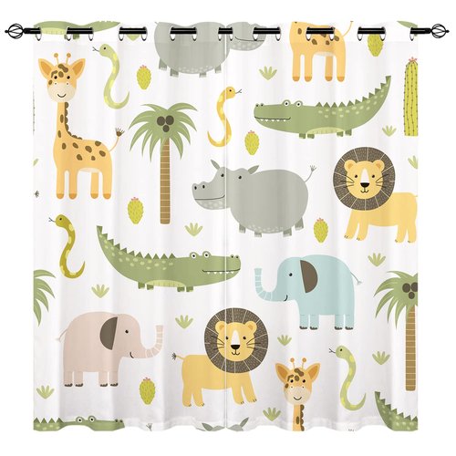 YUANZU Animal Curtains W42 x L63 Inch Grommet Thermal Insulated Blackout Window Drapes Safari Hippo Crocodile Lion Elephant Giraffe Woodland Zoo Pattern for Kids Boys Girls Nursery Bedroom 2 Panels