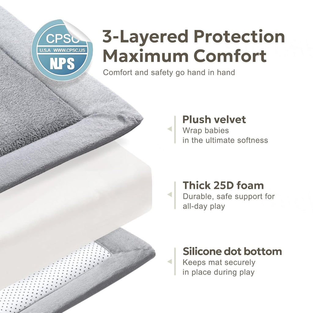 Mallify Ultra Soft Baby Play Mat - Large 50"x50" Non-Slip Velvet Tummy Time Mat in Gray