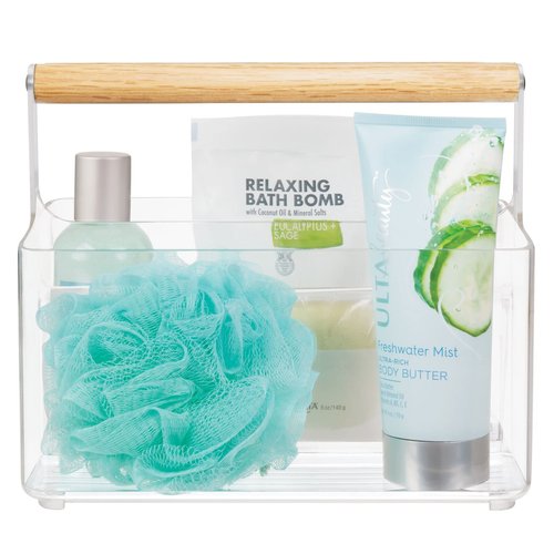 mDesign Plastic Portable Shower Caddy Divided Basket Bin Storage Organizer with Bamboo Handle for Bathroom, Dorm, Shelf & Cabinet Holds Shampoo, Conditioner - Aura Collection, Clear/Natural