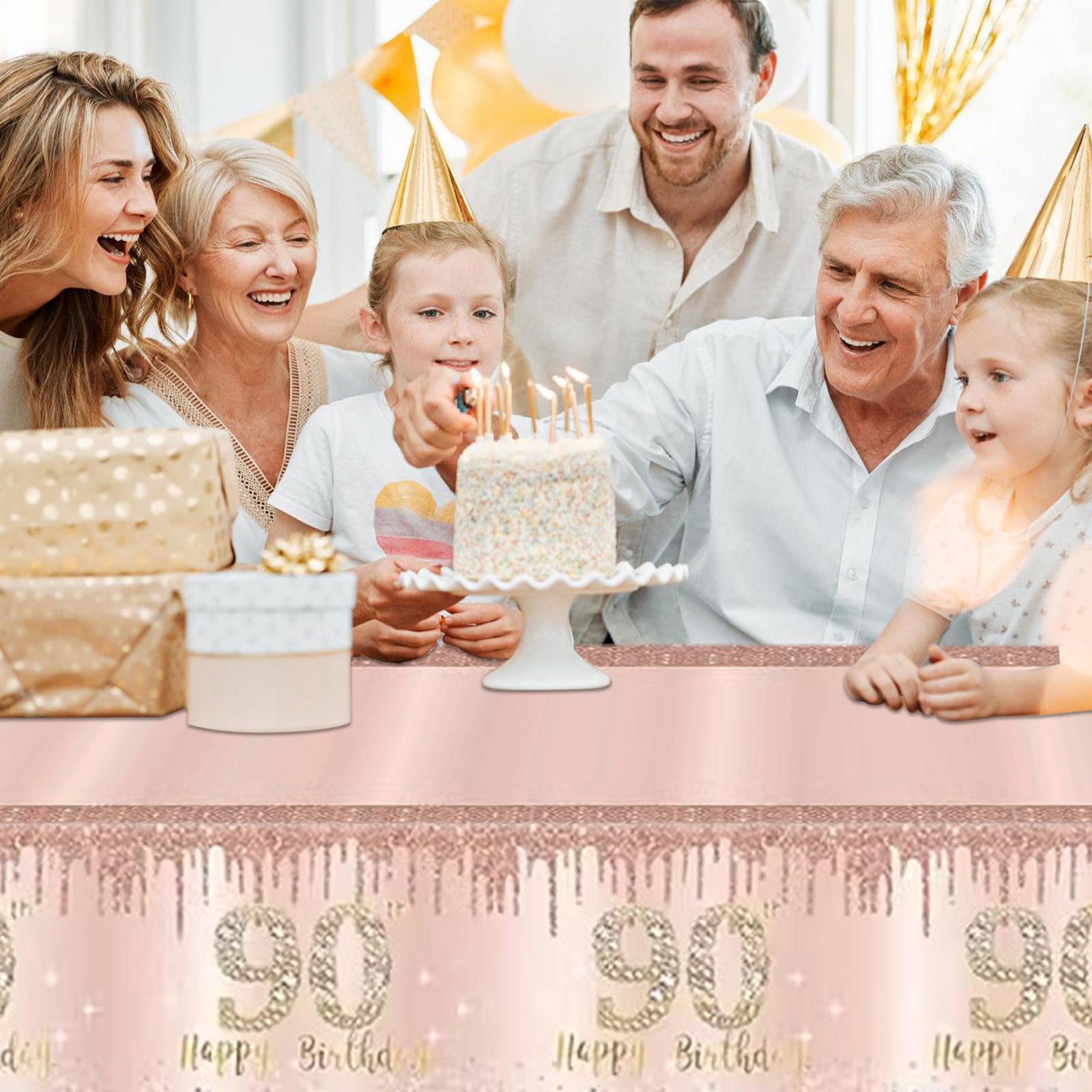 Poqirzan 2PCS Pink Rose Gold 90th Birthday Tablecloth 90th Birthday Table Cover Party Supplies Happy 90st Party Decorations for Women Plastic Disposable Gathering Table Cloth (54"x108")