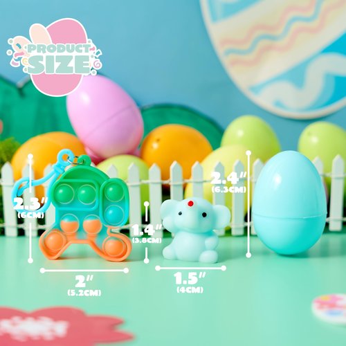 JOYIN 24 Pcs Prefilled Easter Eggs with Assorted Toys, Filled with Mochi and pop Bubble Keychains, Easter Stuffed Toys for Kids to Egg Hunt, Kids Basket Stuffers, Party Favor, Classroom Prize