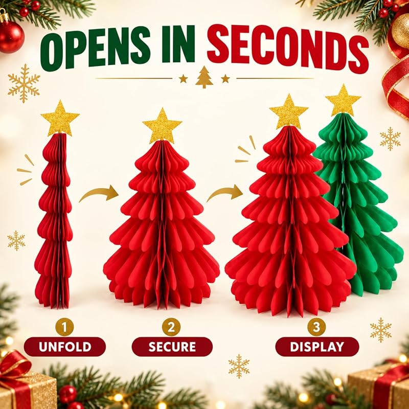 2-Piece Christmas Tree Honeycomb Paper Ornaments - Red & Green