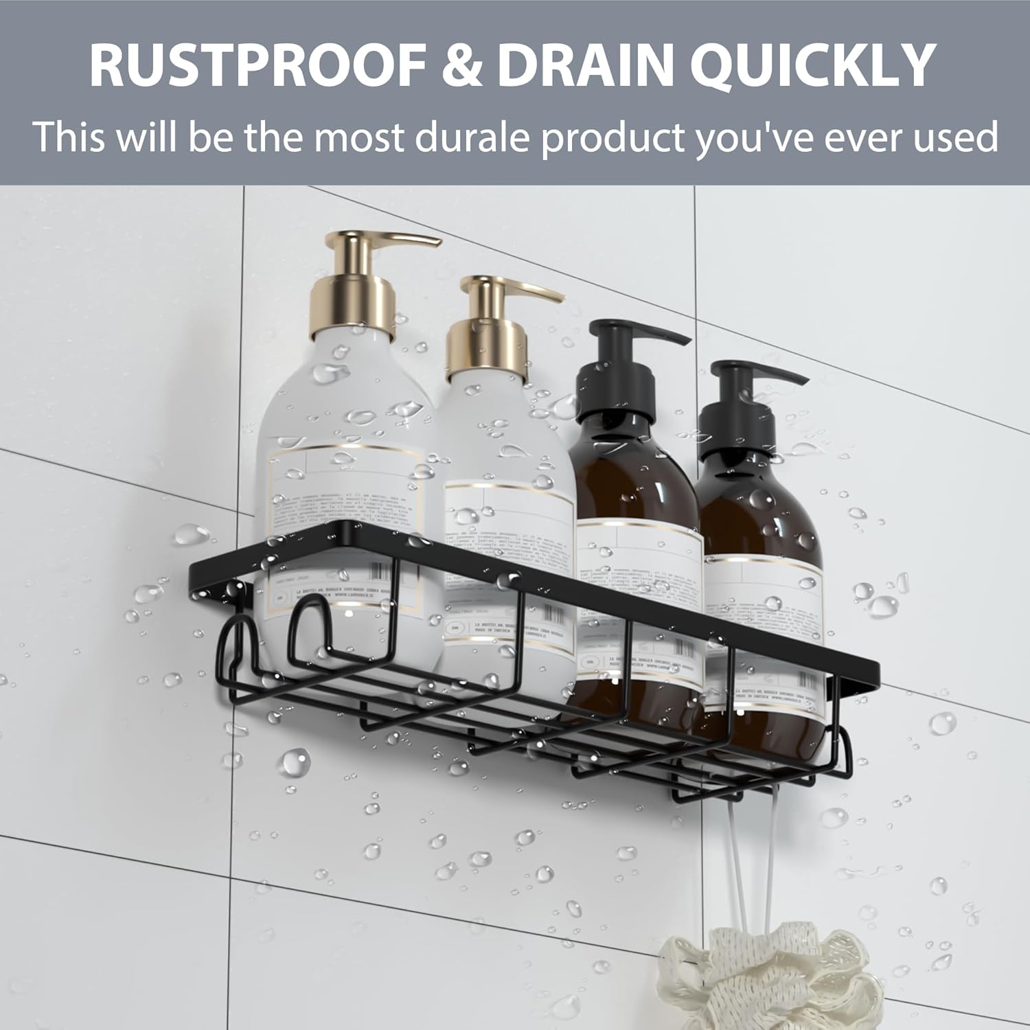 Shower Caddy Organizer - Self-Adhesive Bathroom Shelves with Hooks | No Drilling, 2 Pack Black