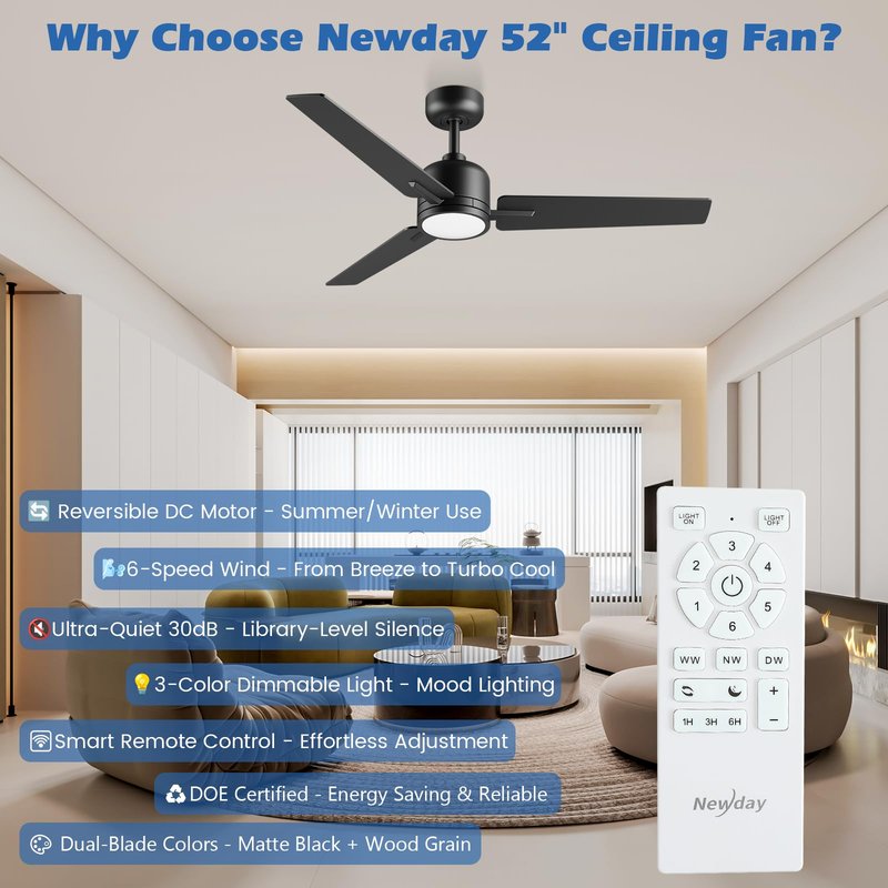 52 inch Ceiling Fans with Lights and Remote, Dimmable 3 Color temperatures LED, Reversible with Quiet DC Motor, 3 Blade High CFM Indoor Outdoor Modern Ceiling Fan for Bedroom Living Room (Black)
