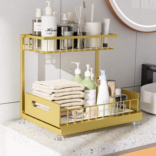 Saydear Under Sink Organizer Storage 2-Tier Premium Metal Pull-Out Kitchen Cabinet Organizer with Sliding Drawer, Height Adjustable, Heavy Duty for Kitchen & Bathroom Organizers 2 Pack Gold