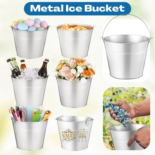 Didaey 24 Pcs Metal Beer Bucket Bulk Ice Bucket Ice Pails with Handle Champagne Soda Party Beverage Chiller for Summer Picnic Pool Wedding Party Supplies Wine Champagne Bar (9.1 x 7.1 x 6.7",Silver)