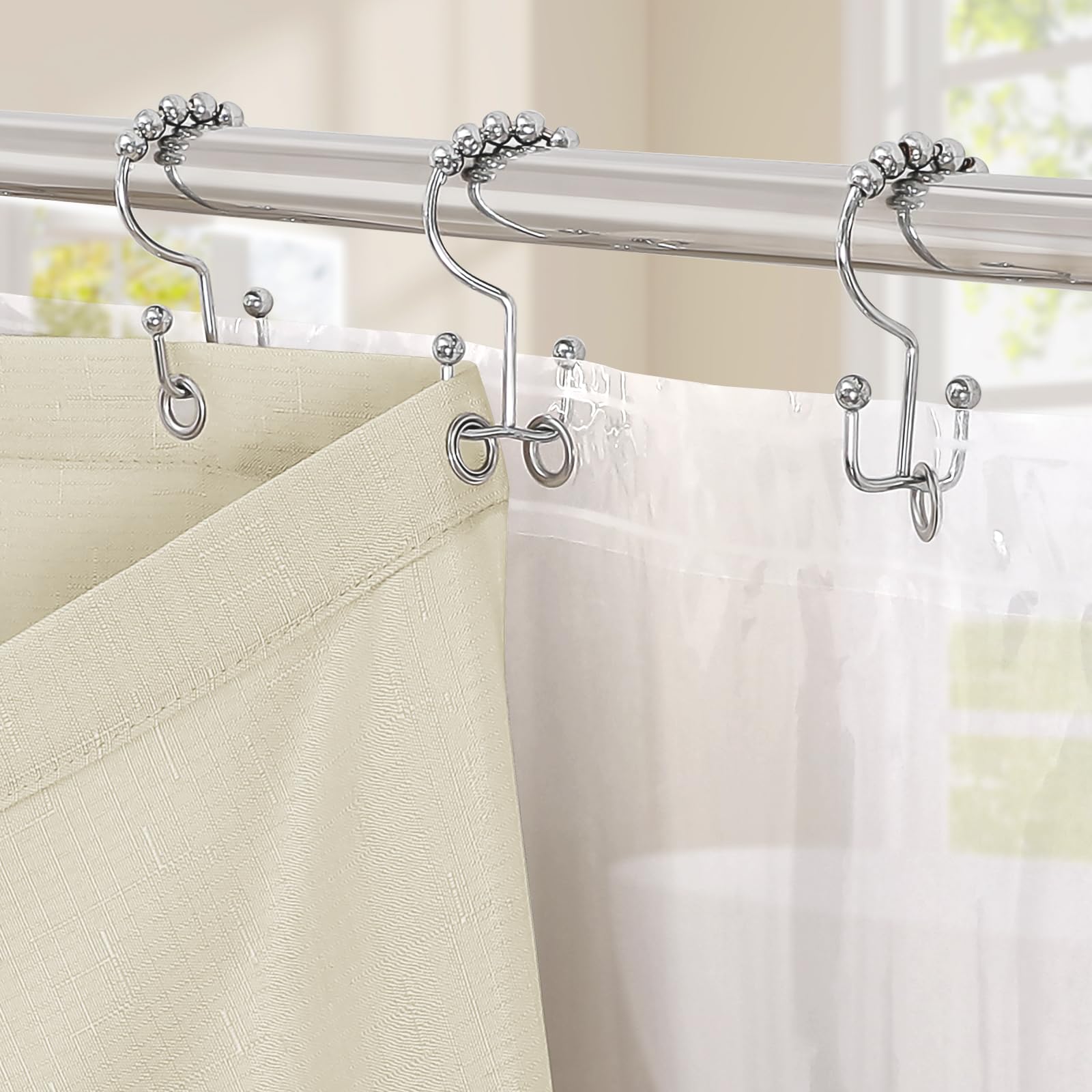 MitoVilla 3 in 1 Shower Curtain Set, Neutral Modern Slub Textured Fabric Shower Curtain and Clear PEVA Liner Set with 12 Double Sided Steel Hooks, Waterproof Fabric Hotel Bathroom Curtain-72x72