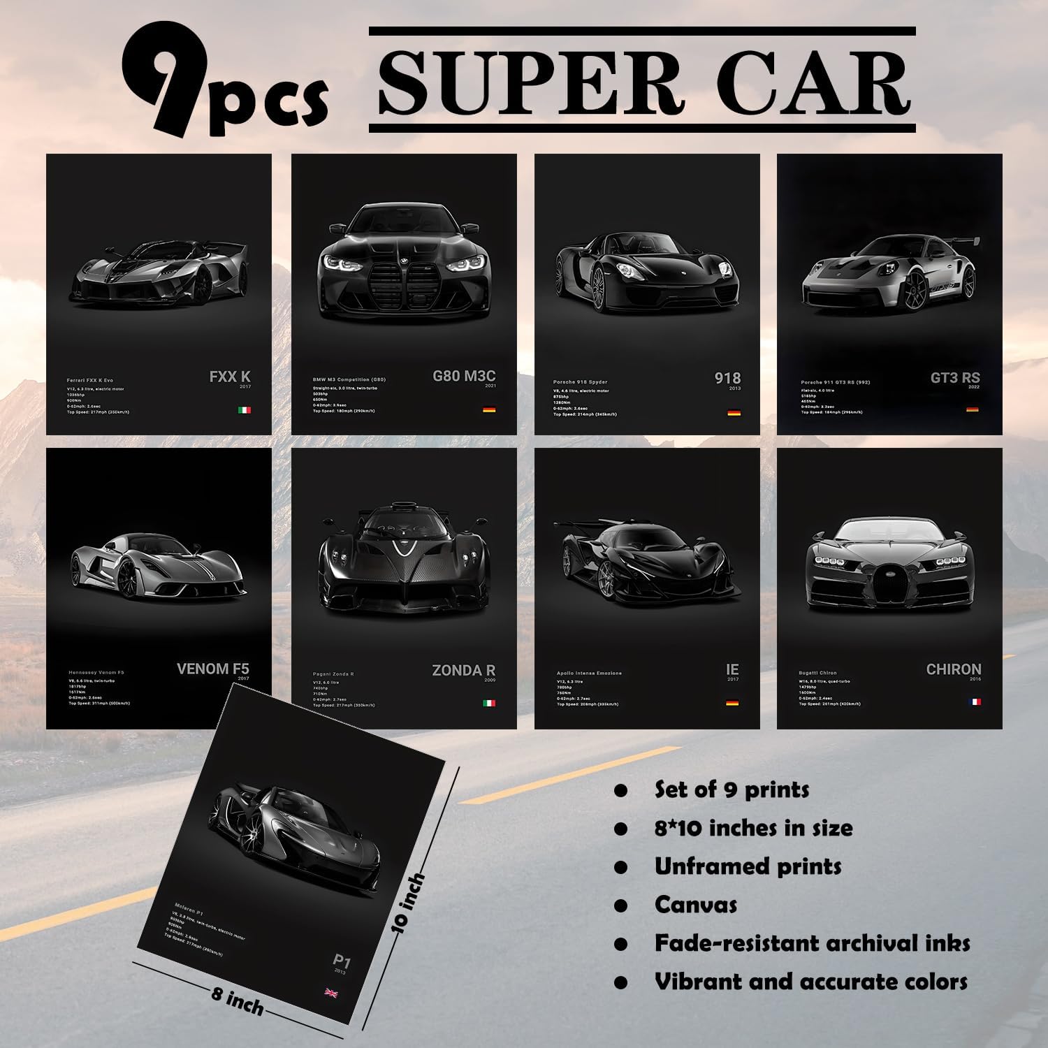 CSLGQGV Vintage Racing Car Canvas Prints - Supercar Wall Art for Men's Room Decor | Unframed 8x10 Inch, 9 Pieces