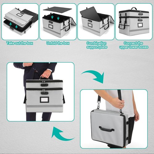EXLIFBAG Portable Fireproof File Box - 2 Layer Document Organizer with Lock & Handle for Home Office