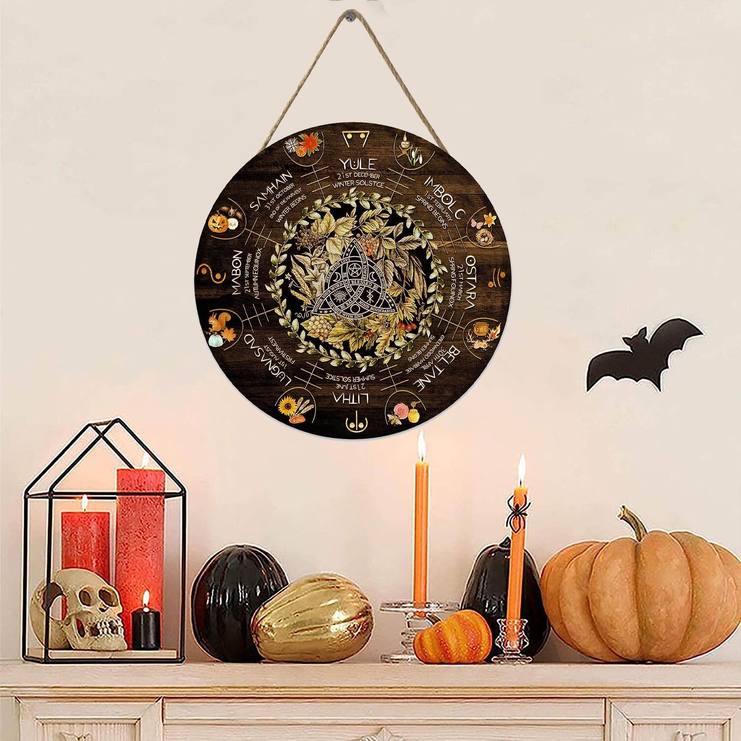 Wheel Year Wood Sign - Sabbats Pagan Witch Calendar for Wiccan Holidays | 12x12 Inch Vintage Decor