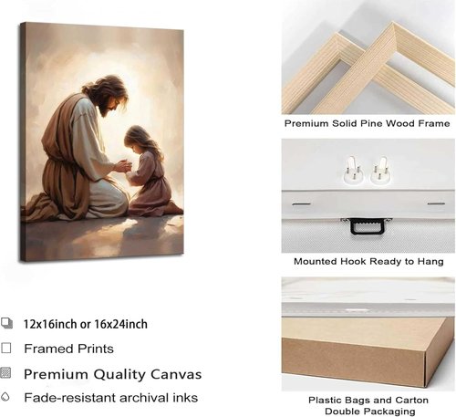 Jesus Praying with Girl Canvas Wall Art - Christian Spiritual Decor | Framed Bible Story Print for Home