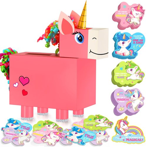 Gloween Valentines Day Boxes and Cards for Kids Classroom School Exchange, Great Valentines Gifts Party Favors for Boys Girls (1 Unicorn Box, 32 Valentine Cards, 1 Teacher Card)