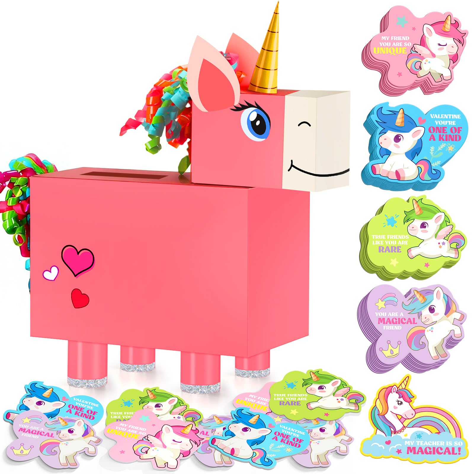Bstoyder Unicorn Valentines Day Box and Cards for Kids School, Valentines Day Cards Gifts for Kids Classroom Exchange, School Party Favors (1 Unique Pink Box, 32 Valentine Cards, 1 Teacher Card)