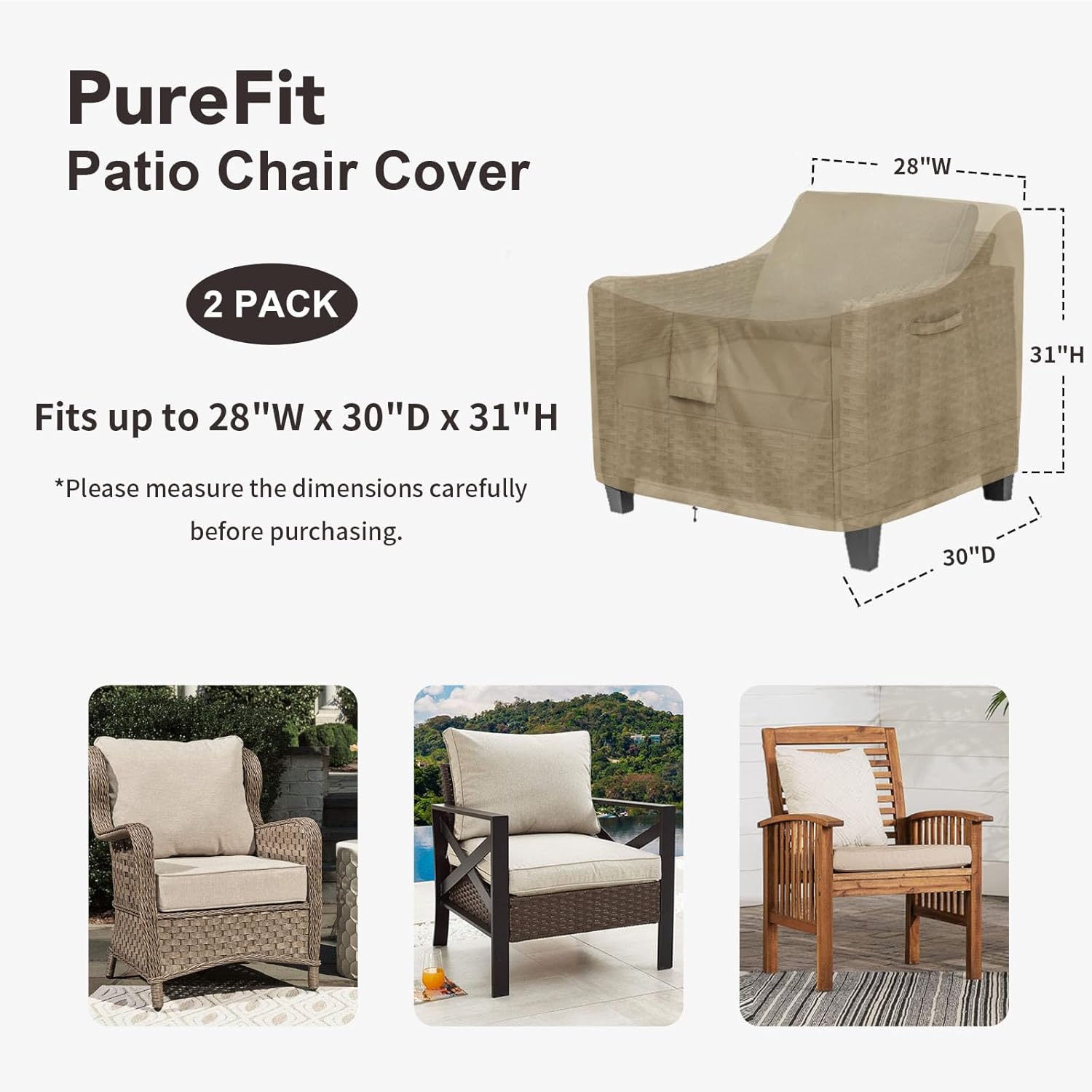 PureFit Outdoor Chair Covers - Waterproof 2 Pack for Patio Furniture | Fits 28W x 30D x 31H Inches, Camel