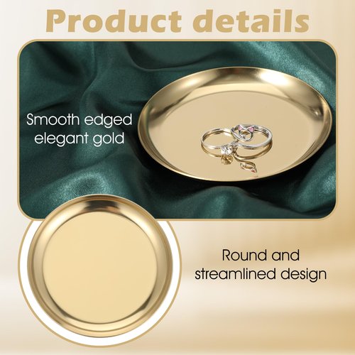 2 Pack 4 Inch Gold Round Serving Trays, Stainless Steel Decorative Jewelry Tray Vanity Tray Candle Drink Plate Small Storage Organizer Trays for Bathroom Candle, Perfume, Countertop