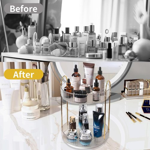 Asayuee 360° Rotating Makeup Organizer - 2-Tier Large Capacity for Skincare & Cosmetics | Clear
