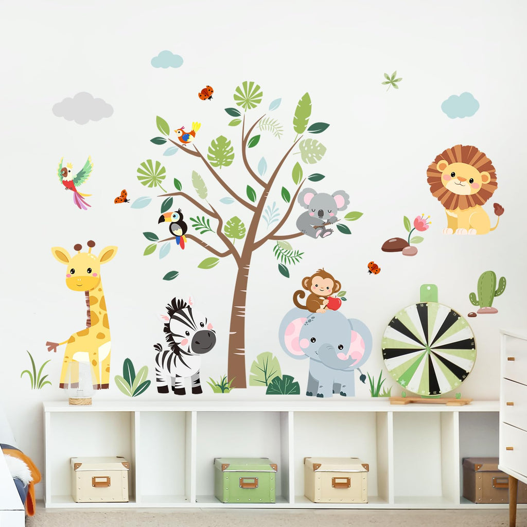 Supzone Jungle Animals Tree Wall Decals Safari Elephant Giraffe Lion Zebra Wall Stickers for Kids Toddlers Bedroom Living Room Baby Nursery Wall Decor