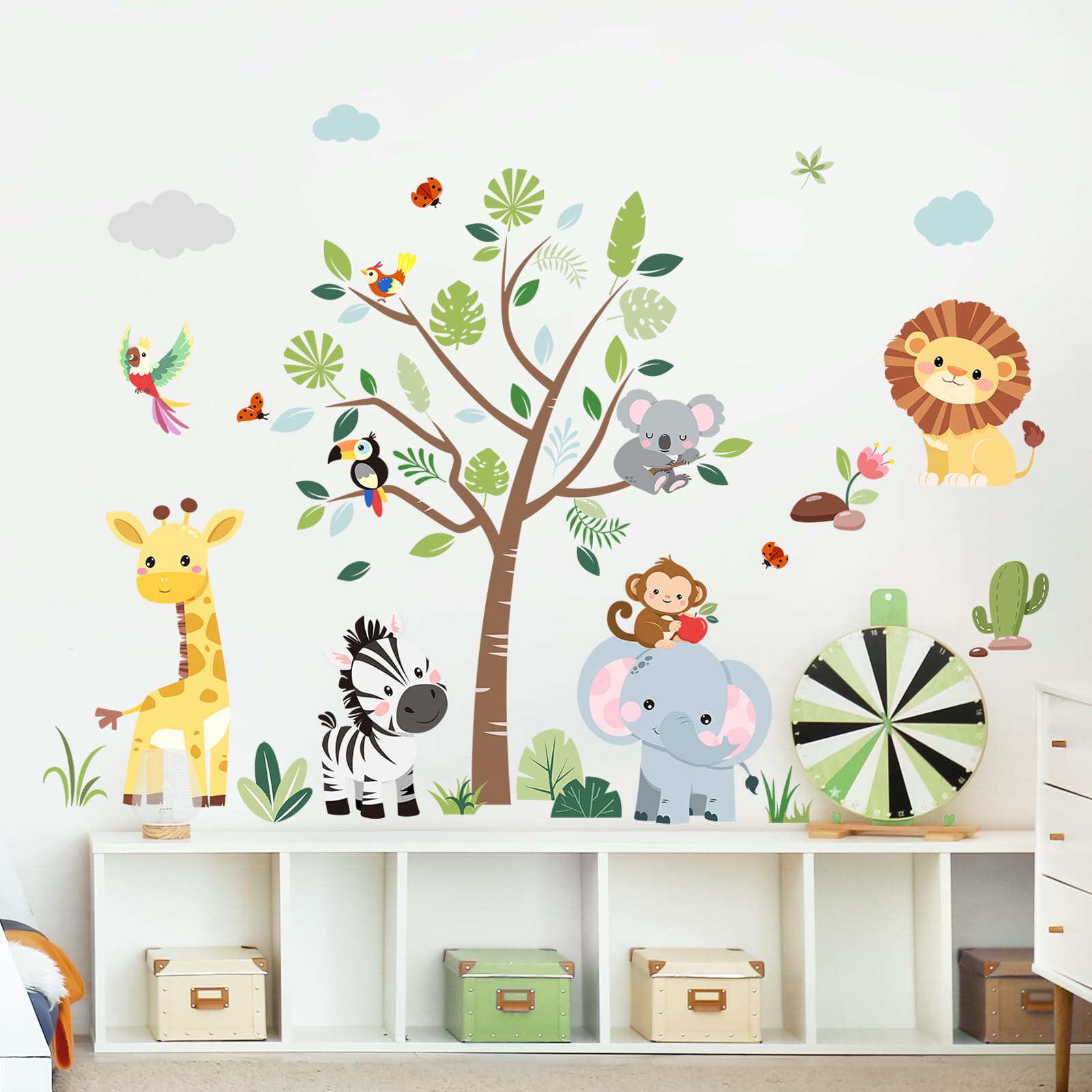 Supzone Jungle Animals Tree Wall Decals Safari Elephant Giraffe Lion Zebra Wall Stickers for Kids Toddlers Bedroom Living Room Baby Nursery Wall Decor