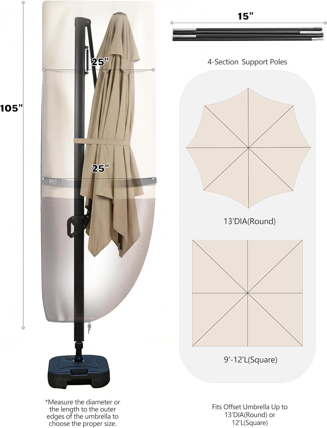Vailge Patio Umbrella Cover - Waterproof & Windproof 600D Oxford for 9-13 Ft Cantilever Umbrellas | Includes Support Pole & Storage Bag