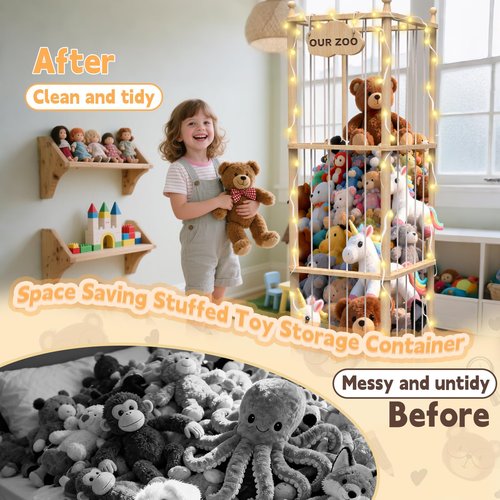YACONA Stuffed Animal Storage, Wooden Stuffed Animal Holder with Brake Wheels, Toy Plushies Storage with Elastic Bands, Extra Large Toy Organizer & Display Cage for Nursery, Bedroom, Playroom