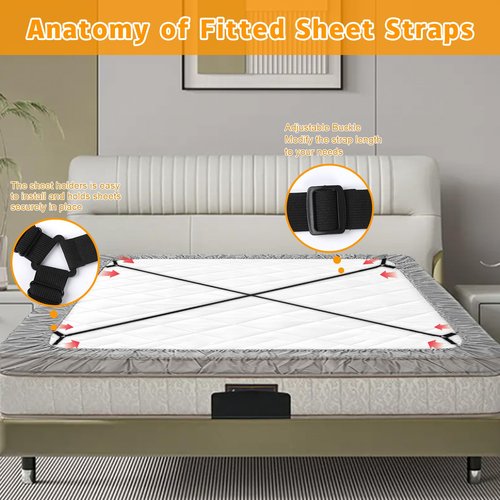 yccsedd Bed Sheet Straps, 4Pcs Elastic Adjustable Bed Sheet Holder Straps, Fitted Sheet Straps to Hold Sheets in Place with Metal Clips, Sheet Holders for Mattress Cover, Sheet, Sofa Cushion (Black)