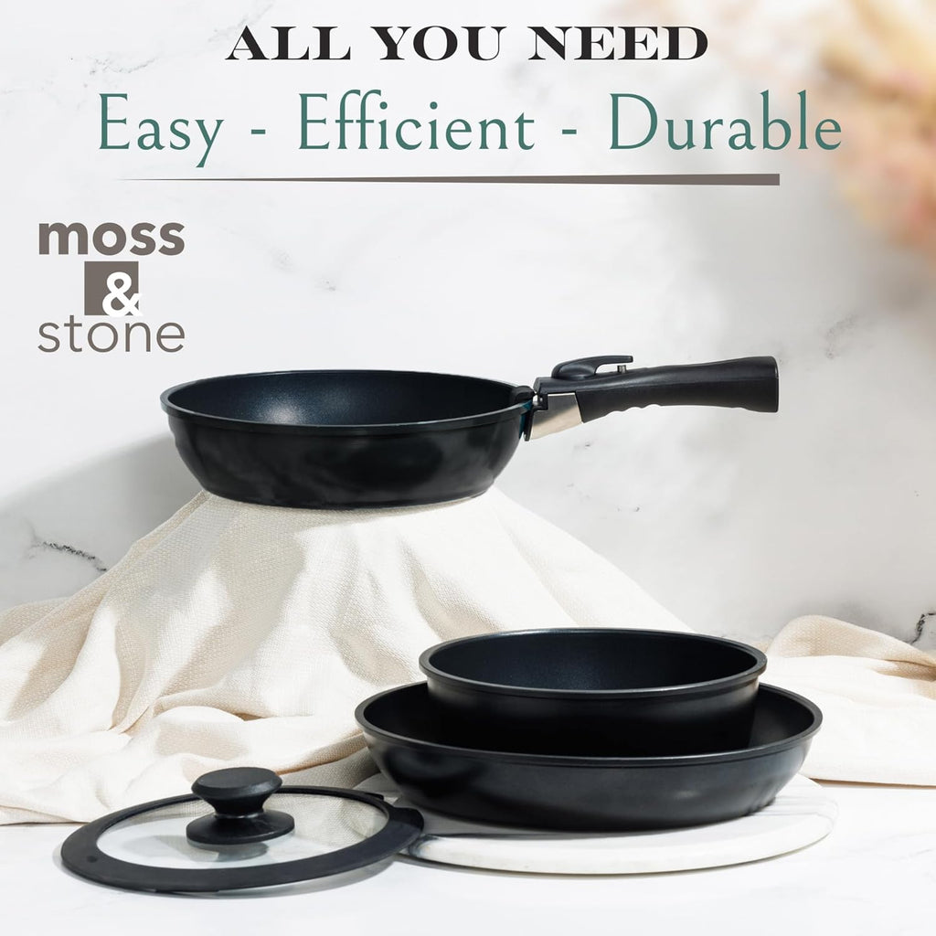 Moss & Stone Nonstick Cookware Set - 10-Piece Space-Saving Pots and Pans with Removable Handles | RV & Induction Ready