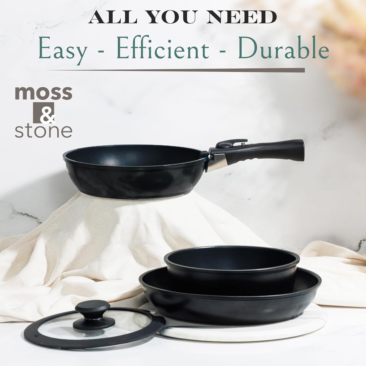 Moss & Stone Nonstick Cookware Set - 10-Piece Space-Saving Pots and Pans with Removable Handles | RV & Induction Ready