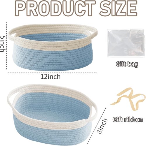 JMvicyroam Woven Basket - Small Rope Storage Bin with Handles for Organizing Shelves & Closets | White & Blue