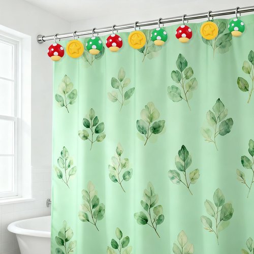 CTOHN 12PCS Mushroom Coin Shower Curtain Hooks Rings, Red Green Yellow Decorative Shower Hangers for Bathroom Decor