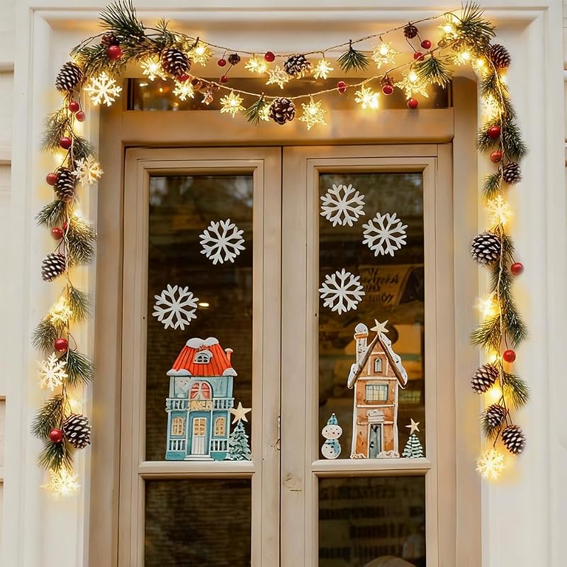 Christmas Garland with Snowflake Lights - 9.8 ft USB or Battery Powered with Pinecones & Red Berries