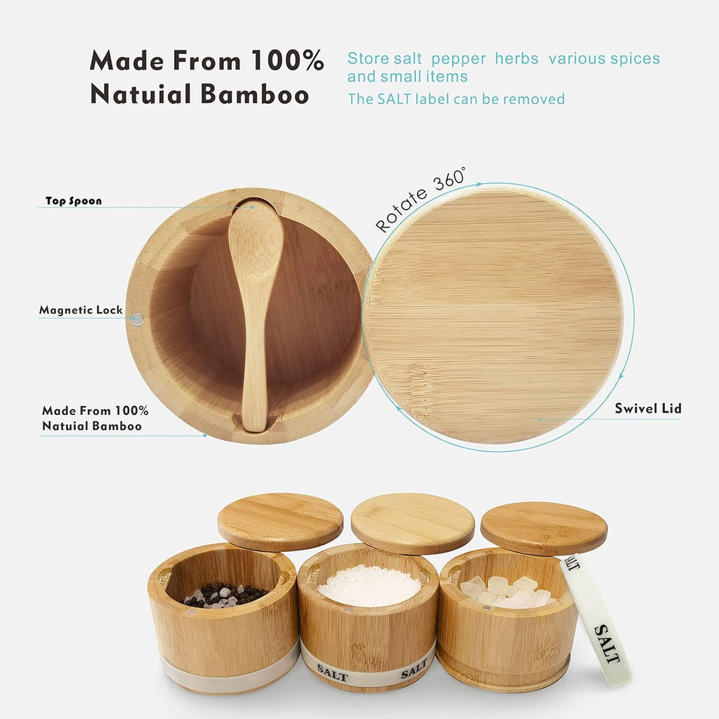 ThougrLyh Bamboo Salt Box - Magnetic Swivel Lid Salt Cellar with Spoon for Easy Storage | Small Spice Container