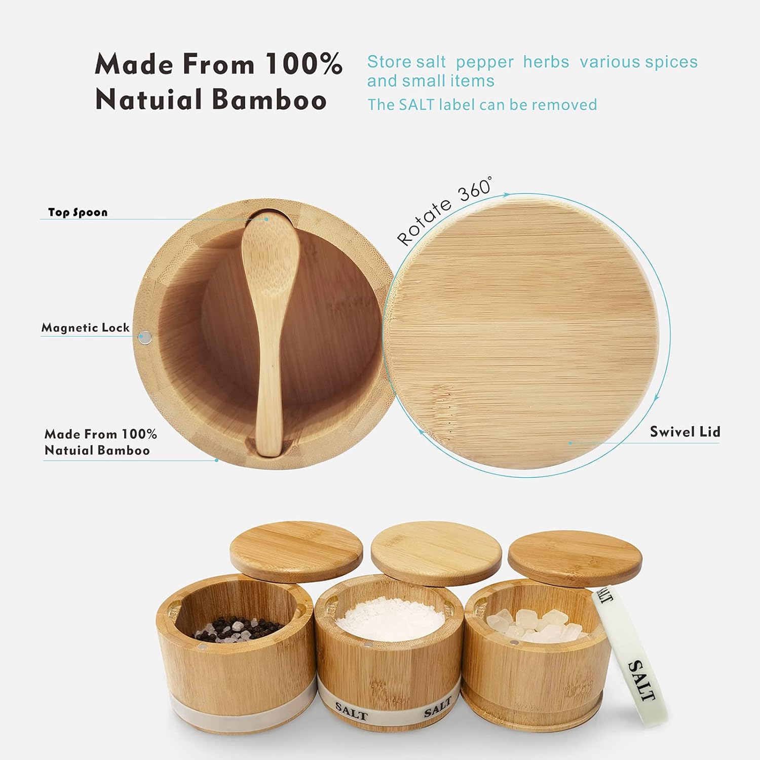 ThougrLyh Bamboo Salt Box - Magnetic Swivel Lid Salt Cellar with Spoon for Easy Storage | Small Spice Container