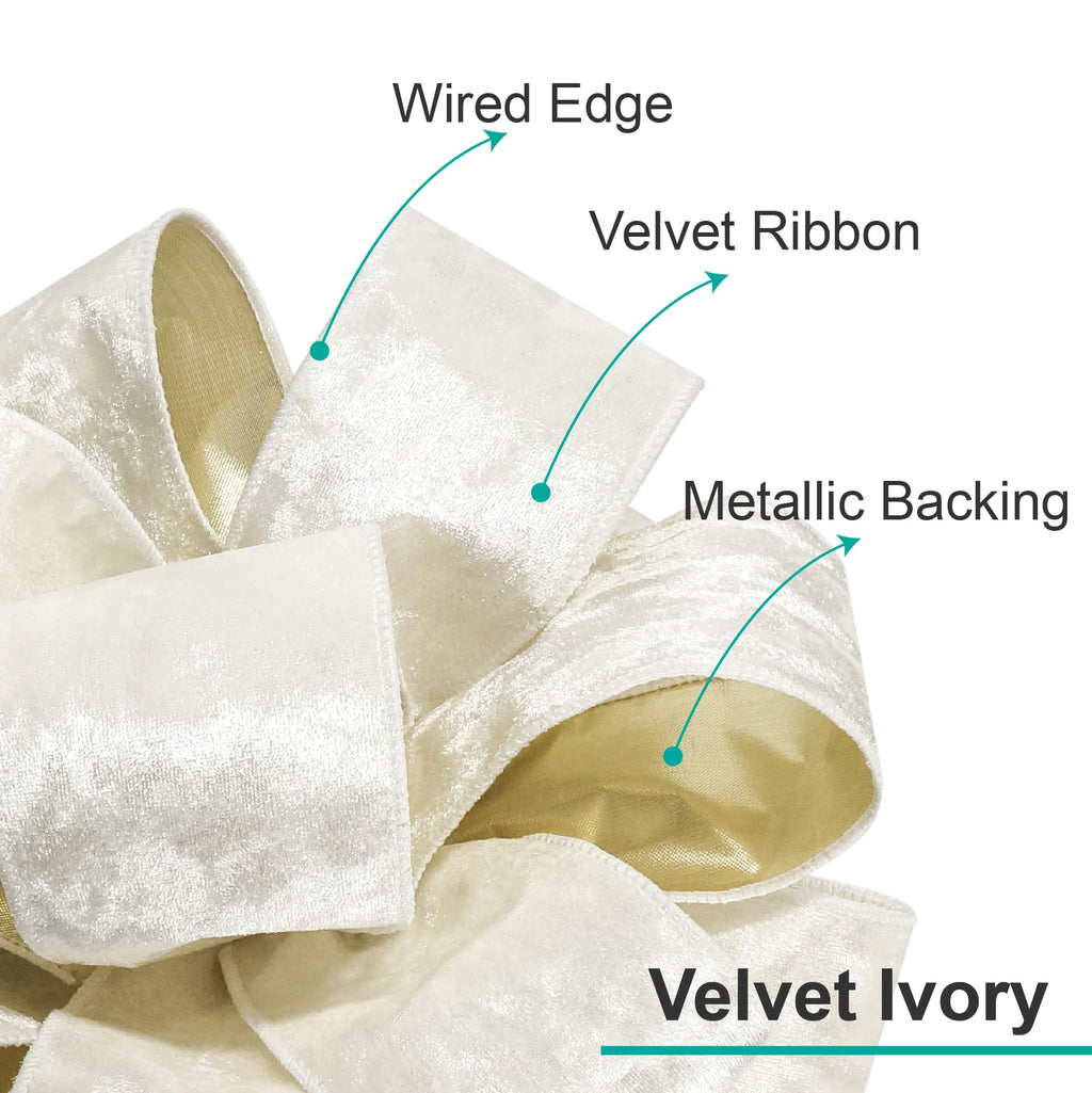 CT CRAFT LLC Ivory Velvet Metallic Backing Christmas Tree Topper Bow 11" with 4 Ribbon Streamers x 3 Yards Long Each for Holidy Elegant Fancy Home Décor Indoor
