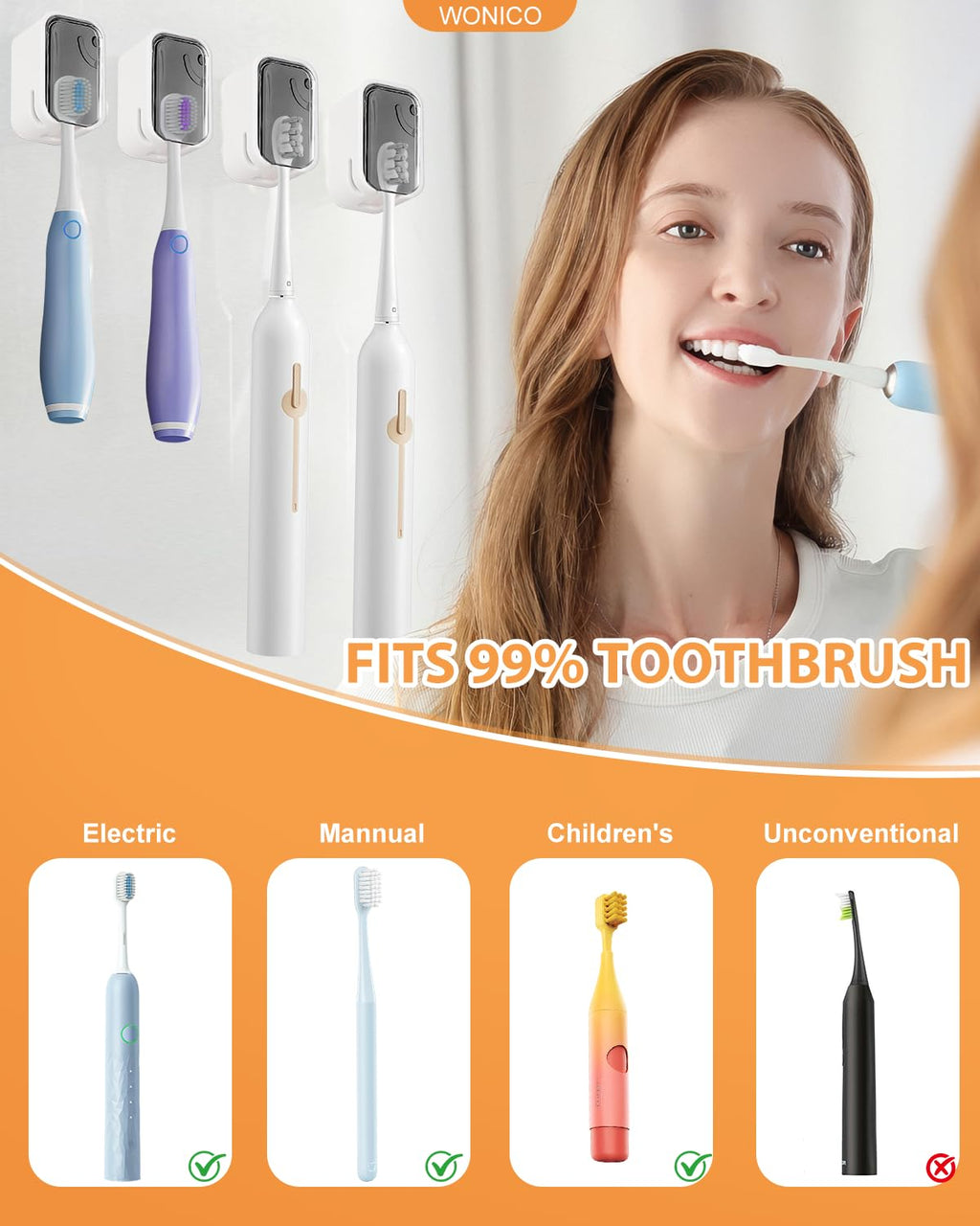 4 Pack Adhesive Wall Mount Toothbrush Holder - Waterproof Bathroom & Shower Organizer, No Drill Stick On Hanger for Manual/Electric Toothbrushes, Space Saving Storage Solution