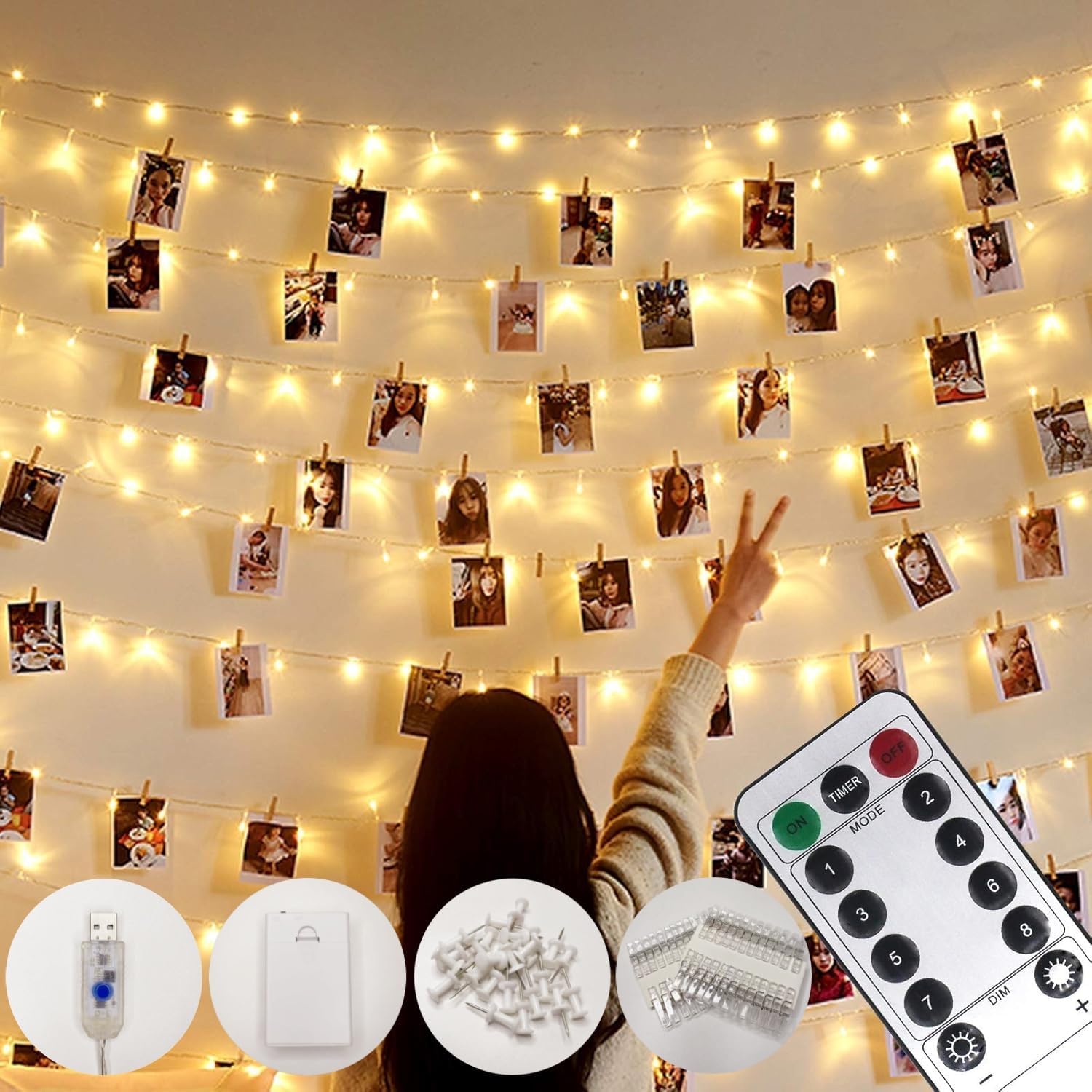 Microwear 33Ft Photo Clip String Lights - 100 LED Fairy Lights with Remote | USB & Battery Powered, 8 Modes for Bedroom & Wedding Décor