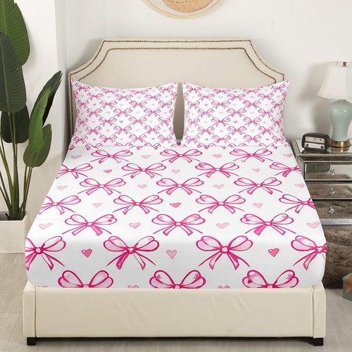 Pink Bow Girlish Kids Sheet Queen Size,Bowknot Love Heart Hand Paint Cute Bedding Set,Girls Women Room Decor,Princess Style Bow Tie Girly Romantic Bed Sheet Set 4pcs(Fitted + Flat + 2 Pillowcases)