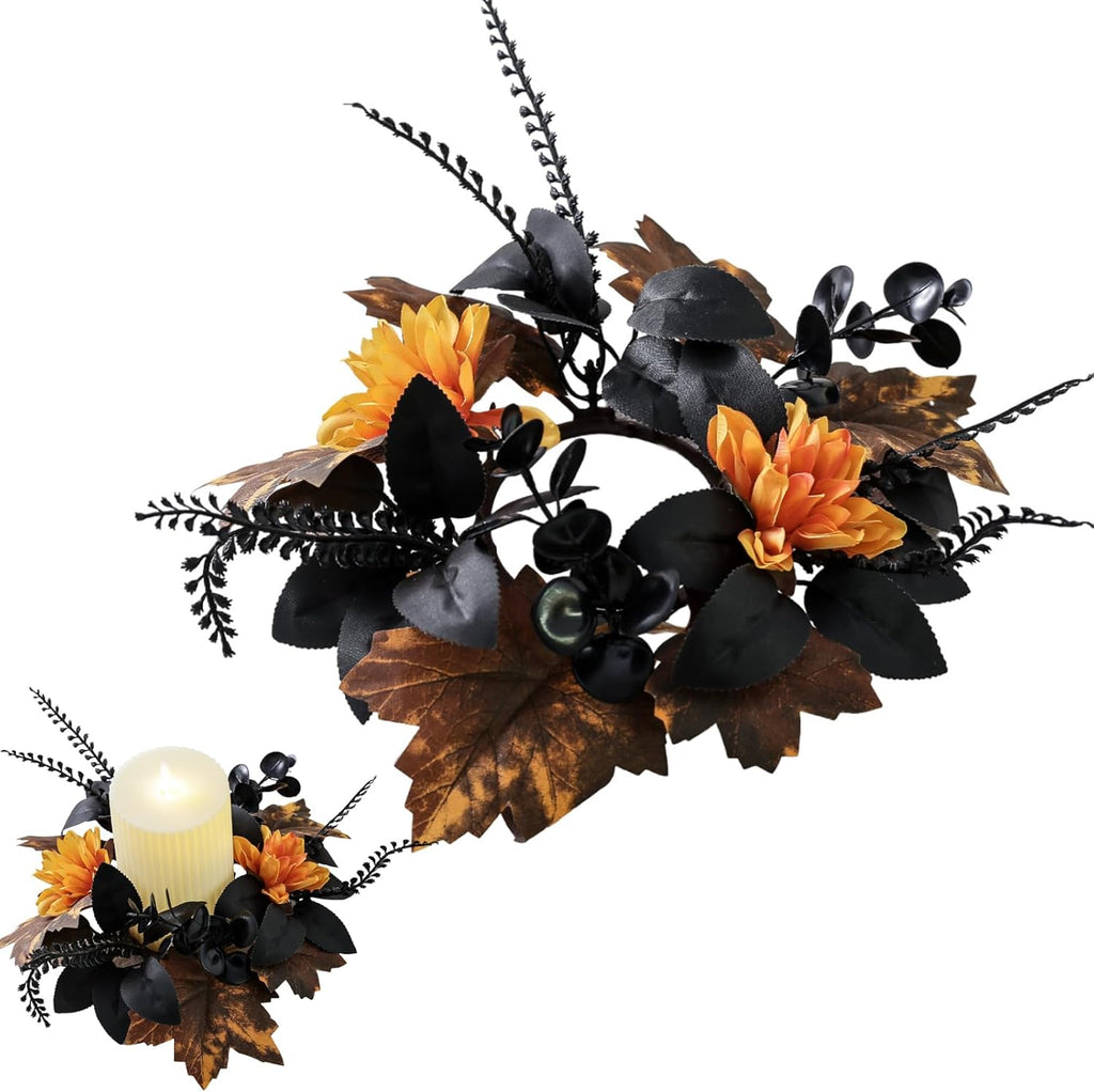 Maple Flower Wreath by Halloween | Artificial Eucalyptus Candle Ring - Gothic Yellow Floral Decor