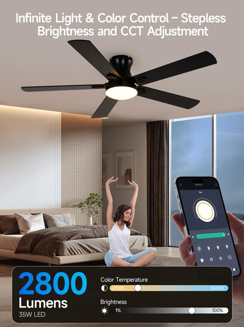 Teracfan 52 Inch Black Ceiling Fans with Lights, RGB Ceiling Fan with Remote and App,Flush Mount Low Profile, Dimmable 35W LED, Reversible, Smart Ceiling Fan for Bedroom Nursery Living Room Apartment