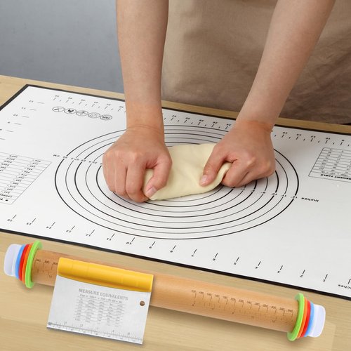 Unokit Rolling pin 3-Piece Set, 17.5" Rolling Pin with Adjustable Thickness Rings, Wooden Dough Roller, Rolling Pins for Baking Pizza, Pasta, Bread - Baking Essentials