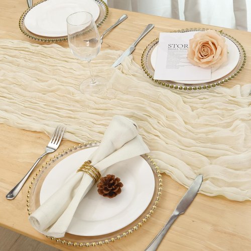 Fixwal 8 Pack Ivory Cream Cheesecloth Table Runners, 35x120 Inch Beige Pleated Boho Gauze Table Runner, Long Semi-Transparent Table Decorations for Parties, Showers, Birthdays and Weddings
