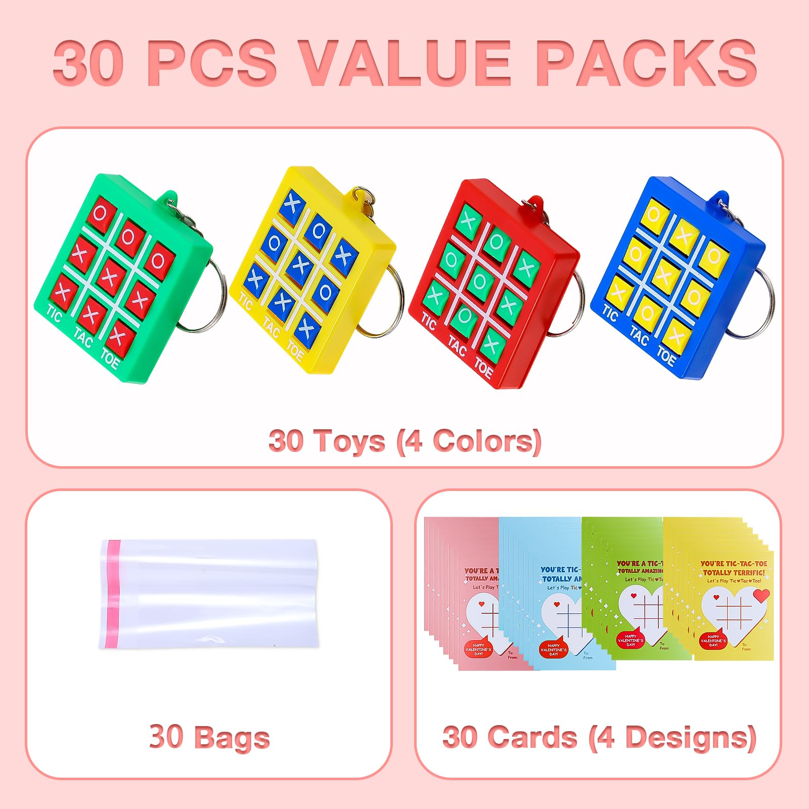 Sundrence Valentines Day Gifts for Kids Classroom - 30 Pack Tic Tac Toe Game Keychain Valentine for Kids Class, Tic Tac Toe Valentines Day Cards for Party Boys Girls, Gifts for Classroom Exchange