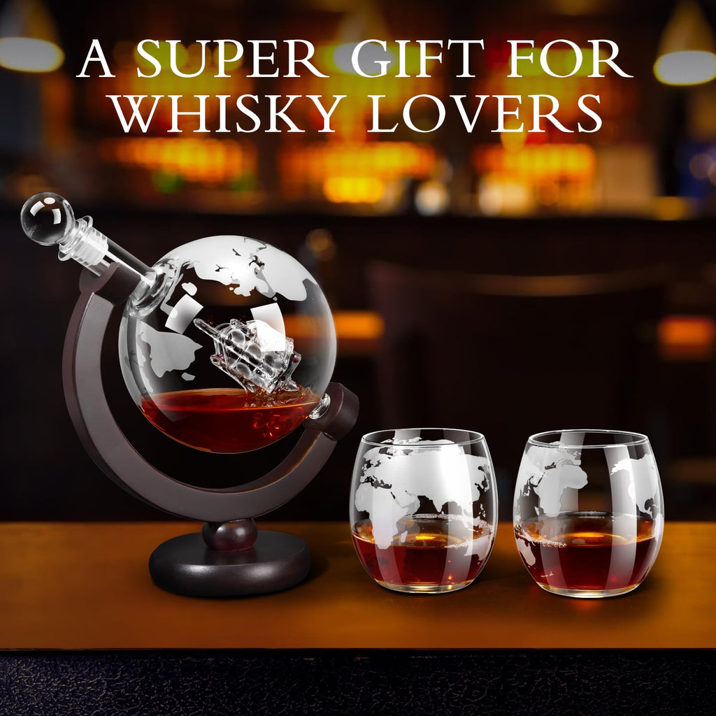 Whiskey Decanter Set,Gift for Men Dad Christmas, Decanter Globe Set with 2 Glasses for Liquor Bourbon Cocktails Vodka Scotch, Decanter Sets for Men Cool Stuff Whiskey Gift - 850ml