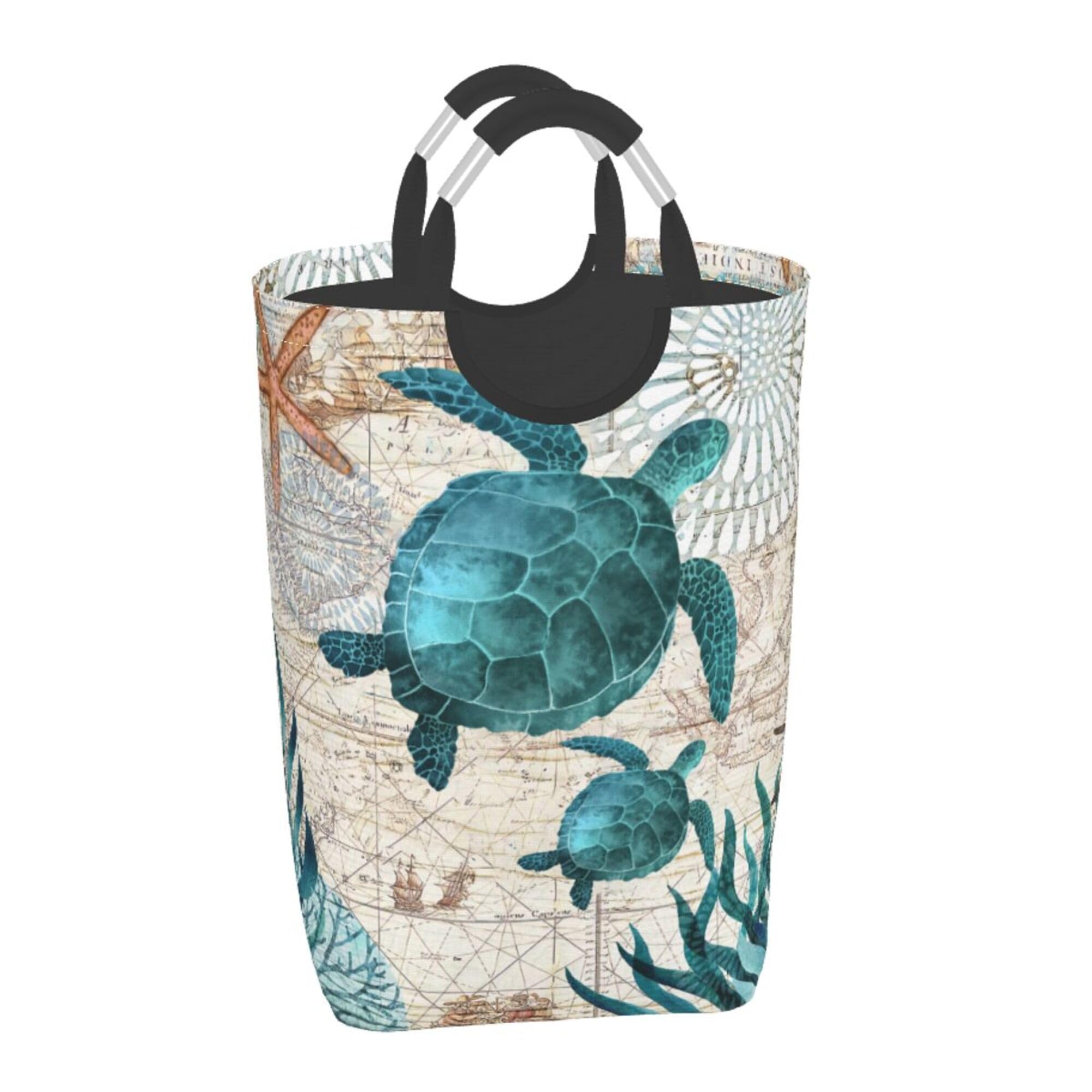 LIBIFALL Vintage Sea Turtle Large Laundry Basket Beach Decor Laundry Hamper Bag Collapsible Laundry Baskets Clothes Hamper with Handles Ocean Storage Baskets For Bathroom, Dorm, Family, 50L
