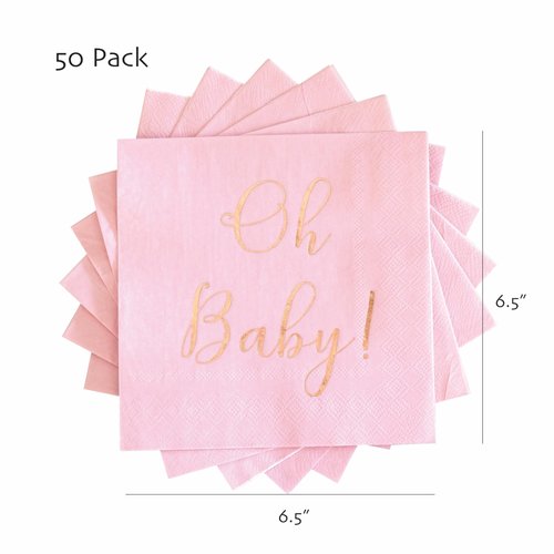 Baby Shower Napkins - 50 Pack Disposable Paper Luncheon Cocktail Napkins with Foil "Oh Baby!" Folded 6.5"x6.5" for Girl Baby Shower Party (Pink with Rose Gold)