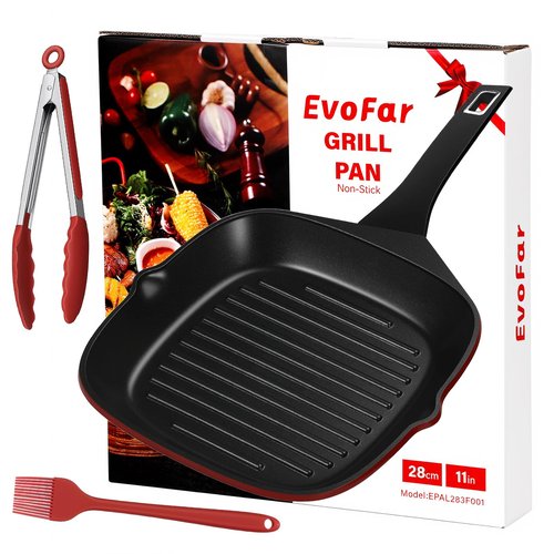 EvoFar 11 Inch Nonstick Grill Pan, Square Large Grilling Skillet Steak Pan for Stove Tops, Granite Coating Grill Skillet with Pour Spouts, PTFE & PFOA Free, Durable Grilling Pan for Indoor & Outdoor