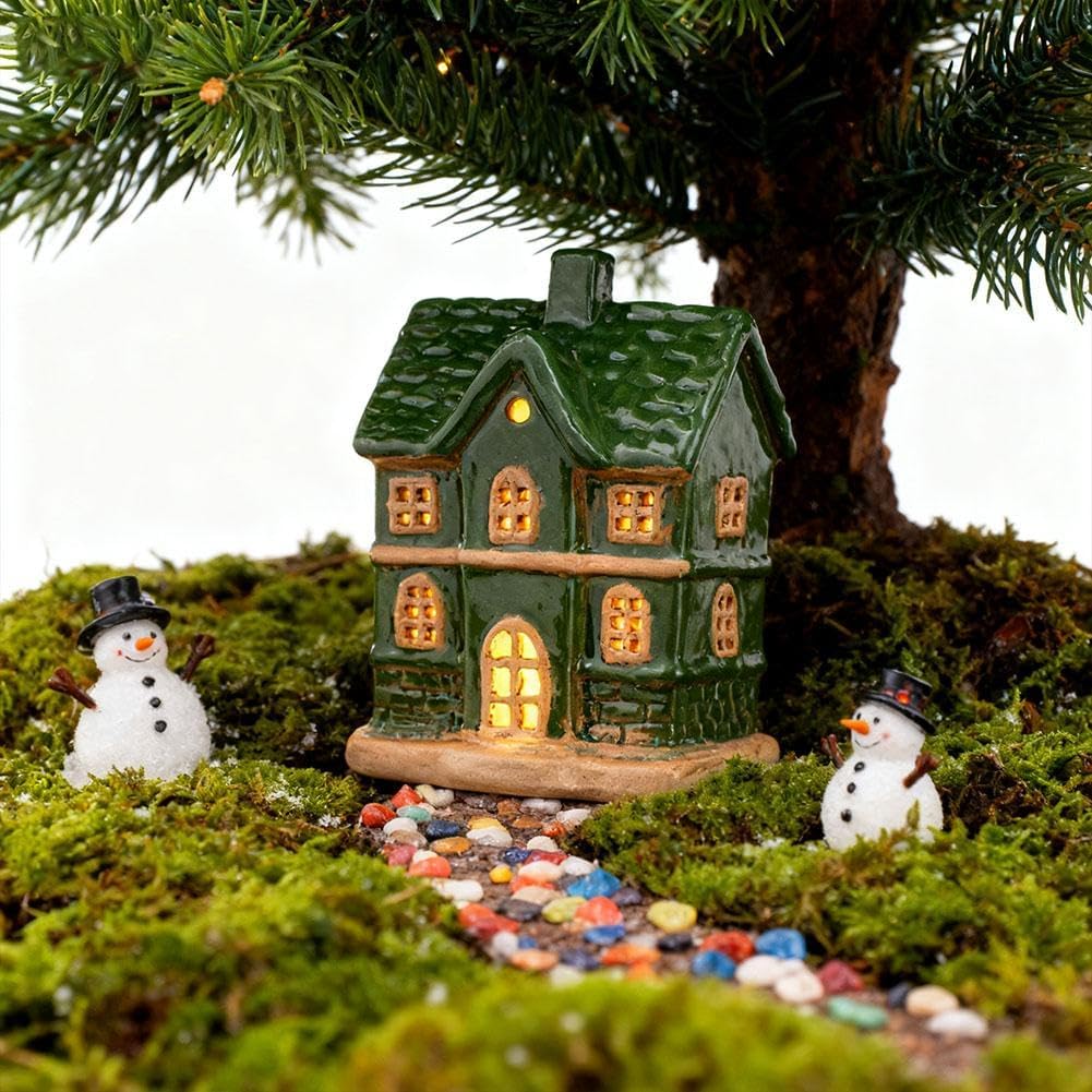 Skiennix Christmas Village House - Light Up White Ceramic Decor for Tabletop Centerpiece (Green)