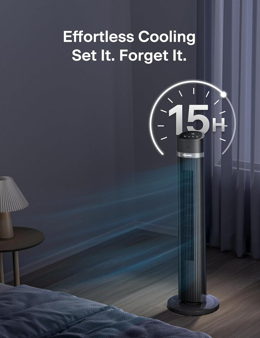 Pelonis 40-Inch Bladeless Tower Fan - Quiet 3-Speed Standing Fan with Remote, 90° Oscillation, Grey