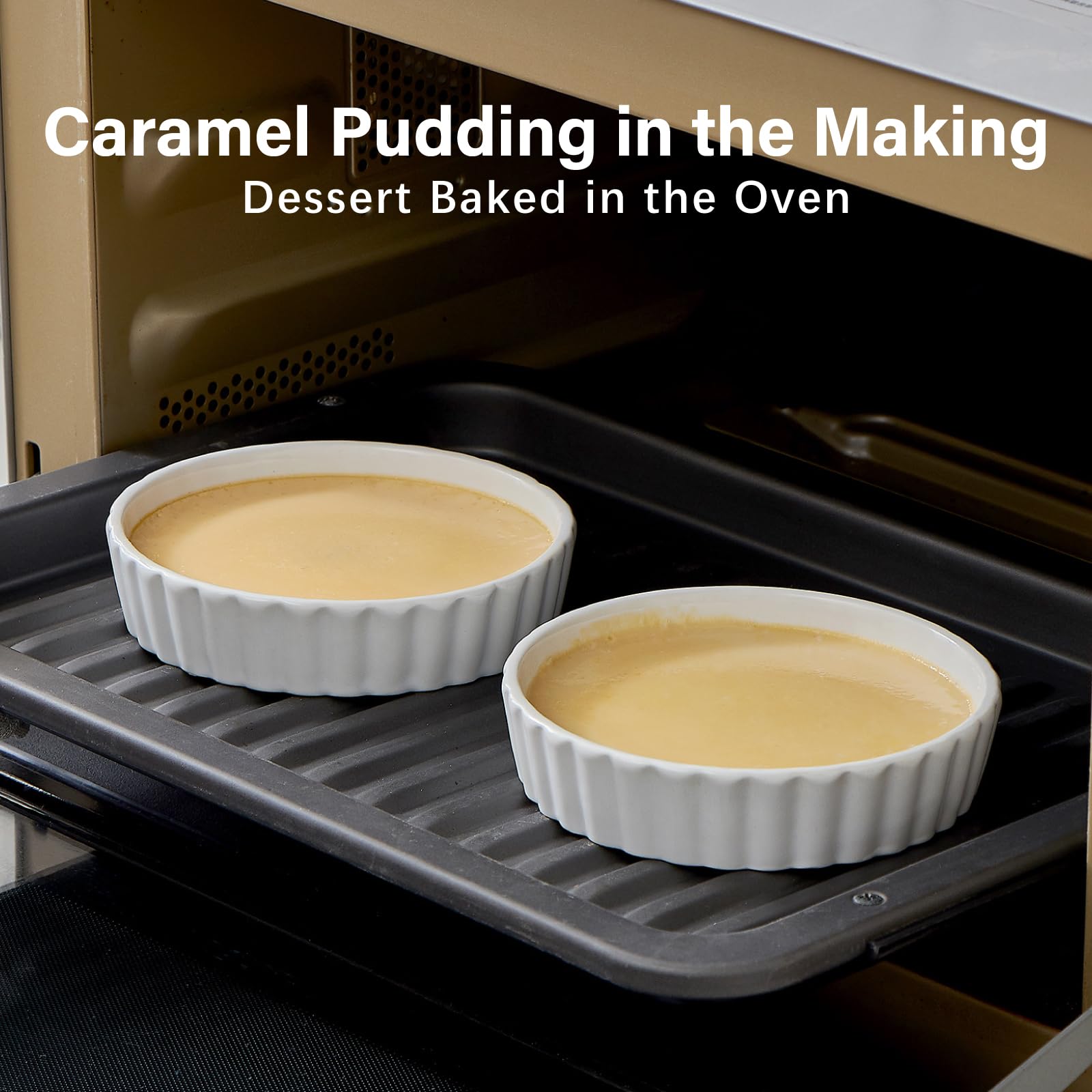 ONEMORE Ramekins, Creme Brulee Ramekins 8 oz Oven Safe White Porcelain Small Baking Dishes for Individual Serving, Fluted Shallow Soufflé Dishes Quiche Dish Mini Tart Pans Sauce Ramekin Set of 6